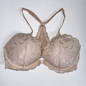 PINK Victoria’s Secret 34D Lace Racerback Front Closure Push Up Bra Nude Beige